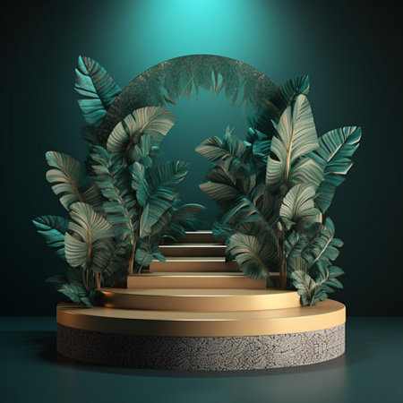 Green background Tropical leaves. Nature 3d rendering illustration for podium product presentation. Generative Ai.の素材