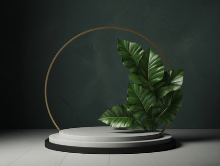 White podium product presentation. Tropical leaves background. Nature 3d rendering illustration. Generative Ai.の素材
