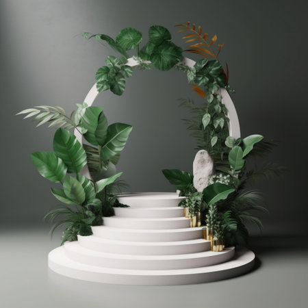 White podium product presentation. Tropical leaves background. Nature 3d rendering illustration. Generative Ai.の素材