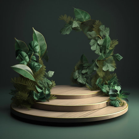 Wood podium product presentation. Tropical leaves background. Nature 3d rendering illustration with Generative Ai.の素材