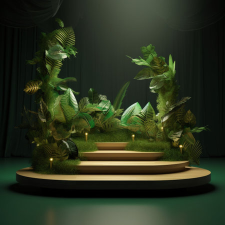 Wood podium product presentation. Tropical leaves background. Nature 3d rendering illustration with Generative Ai.の素材