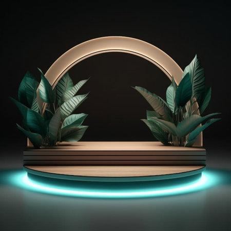 Wood podium product presentation. Tropical leaves background. Nature 3d rendering illustration with Generative Ai.の素材
