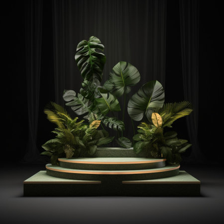 Wood podium product presentation. Tropical leaves background. Nature 3d rendering illustration with Generative Ai.の素材