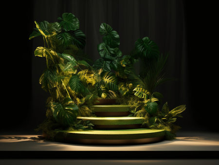 Wood podium product presentation. Tropical leaves background. Nature 3d rendering illustration with Generative Ai.の素材