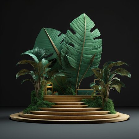 Wood podium product presentation. Tropical leaves background. Nature 3d rendering illustration with Generative Ai.の素材