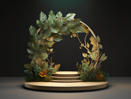 Wood podium product presentation. Tropical leaves background. Nature 3d rendering illustration with Generative Ai.の素材