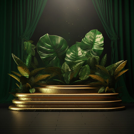 Wood podium product presentation. Tropical leaves background. Nature 3d rendering illustration with Generative Ai.の素材