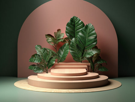 Wood podium product presentation. Tropical leaves background. Nature 3d rendering illustration with Generative Ai.の素材