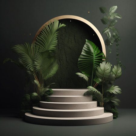 Wood podium product presentation. Tropical leaves background. Nature 3d rendering illustration with Generative Ai.の素材