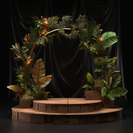 Wood podium product presentation. Tropical leaves background. Nature 3d rendering illustration with Generative Ai.の素材