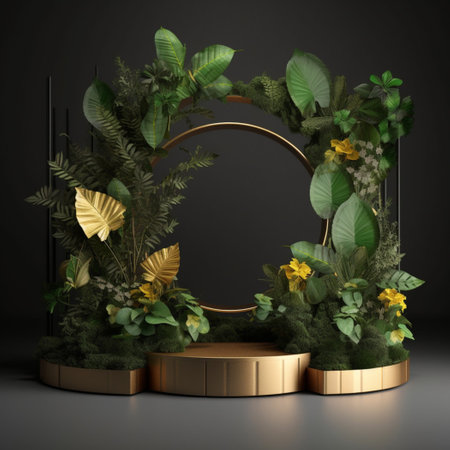 Wood podium product presentation. Tropical leaves background. Nature 3d rendering illustration with Generative Ai.の素材
