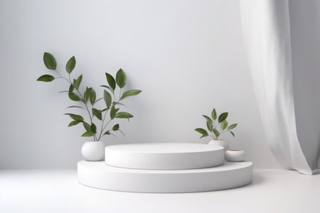 White Tropical leaves background abstract. Summer product display podium scene with Generative Ai.の素材