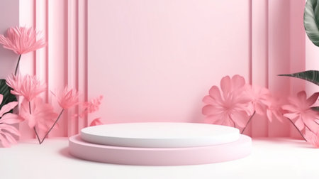 Pink tropical flowers background abstract. Minimal pedestal for beauty product display stand with Generative Ai.の素材