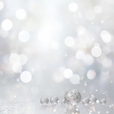 Silver lights background texture abstract Christmas decoration. Beautiful bright winter sparkle white bokeh with Generative Ai.の素材