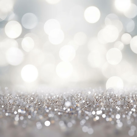 Silver lights background texture abstract Christmas decoration. Beautiful bright winter sparkle white bokeh with Generative Ai.の素材