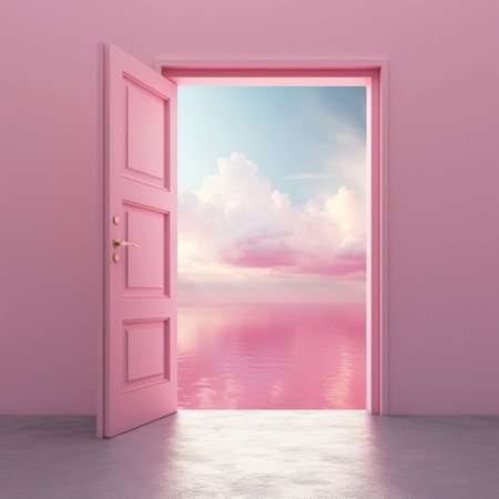 Open door concept for future success. Minimal home pink background with Generative Ai.の素材