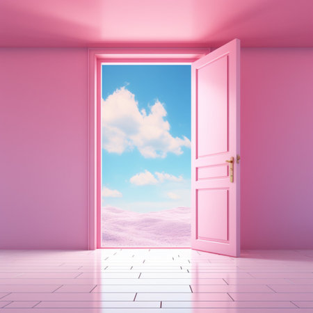 Open door concept for future success. Minimal home pink background with Generative Ai.の素材