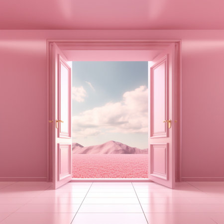 Open door concept for future success. Minimal home pink background with Generative Ai.の素材