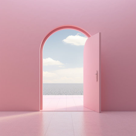 Open door concept for future success. Minimal home pink background with Generative Ai.の素材