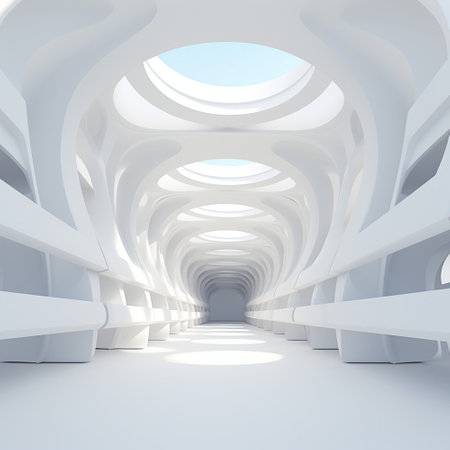 White Abstract Architecture Background. Technology Future Futuristic Building circular with Generative Ai.の素材