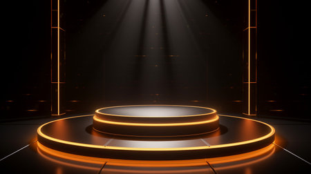 Golden Light neon on black background studio with Generative Ai. Empty stage show. Night club interior.の素材