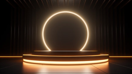 Golden Light neon on black background studio with Generative Ai. Empty stage show. Night club interior.の素材
