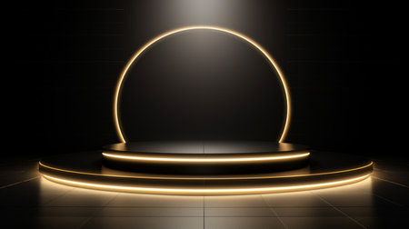 Golden Light neon on black background studio with Generative Ai. Empty stage show. Night club interior.の素材