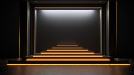 Golden Light neon on black background studio with Generative Ai. Empty stage show. Night club interior.の素材