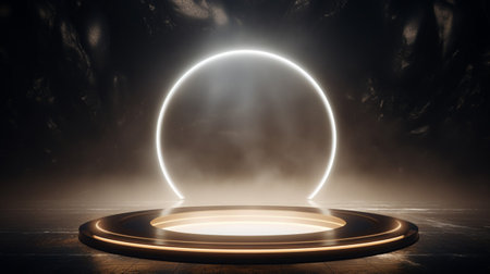 Golden Light neon on black background studio with Generative Ai. Empty stage show. Night club interior.の素材