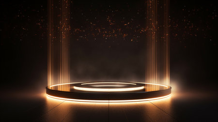 Golden Light neon on black background studio with Generative Ai. Empty stage show. Night club interior.の素材