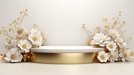 White flower background abstract with Generative Ai for Valentine gold podium stand. Wedding Bouquet isolated.の素材