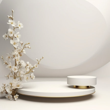 White flower background abstract with Generative Ai for Valentine gold podium stand. Wedding Bouquet isolated.の素材
