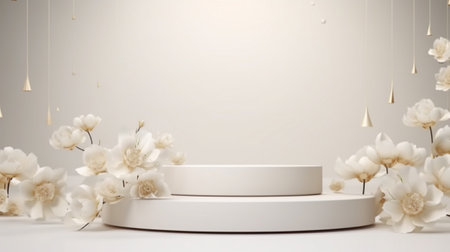 White flower background abstract with Generative Ai for Valentine gold podium stand. Love Bouquet Wedding stage isolated.の素材