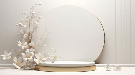 White flower background abstract with Generative Ai for Valentine gold podium stand. Love Bouquet Wedding stage isolated.の素材