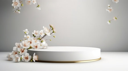 White flower background abstract with Generative Ai for Valentine gold podium stand. Love Bouquet Wedding stage isolated.の素材