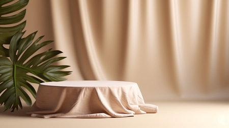 Beige background with tropical leaves shadow. Summer product display stand. Generative Ai.の素材