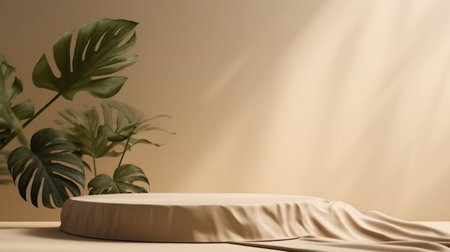 Beige background with tropical leaves shadow. Summer product display stand. Generative Ai.の素材