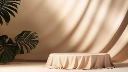 Beige background with tropical leaves shadow. Summer product display stand. Generative Ai.の素材