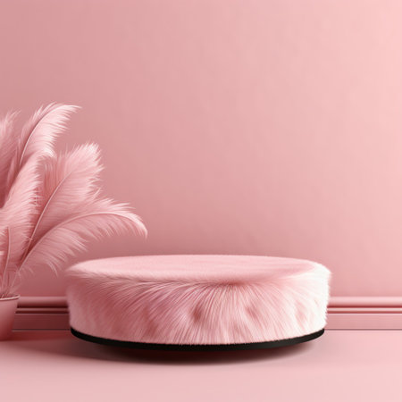 Pink fur podium pastel background abstract with tropical leaves. Product display stand with Generative Ai.の素材