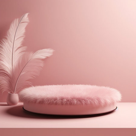 Pink fur podium pastel background abstract with tropical leaves. Product display stand with Generative Ai.の素材