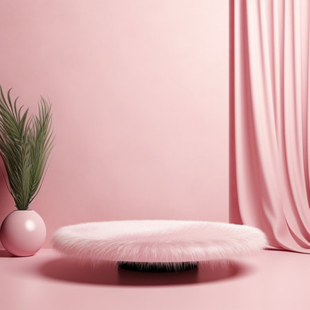 Pink fur podium pastel background abstract with tropical leaves. Product display stand with Generative Ai.の素材