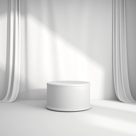 Empty white podium on white background. Mock up Product display stand with Generative Ai. Minimal pedestal for beauty.の素材