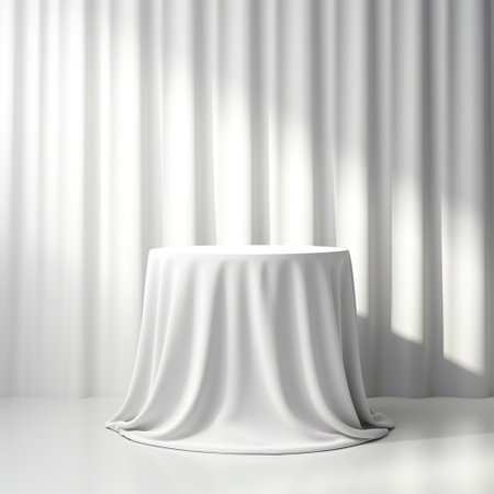 Empty white podium on white background. Mock up Product display stand with Generative Ai. Minimal pedestal for beauty.の素材