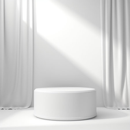 Empty white podium on white background. Mock up Product display stand with Generative Ai. Minimal pedestal for beauty.の素材