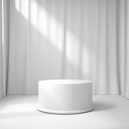Empty white podium on white background. Mock up Product display stand with Generative Ai. Minimal pedestal for beauty.の素材