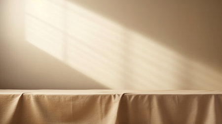 Empty curtains stage light on beige background texture. Mock up Product display podium with Generative Ai.の素材