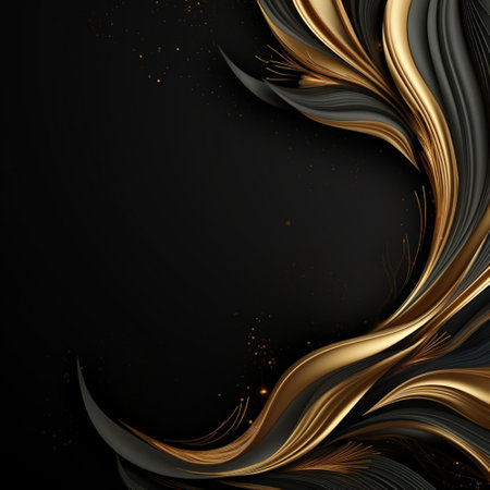 Gold black background abstract wave line for wallpaper on website. Light golden metal texture or shiny metallic gradient with Generative AI.の素材
