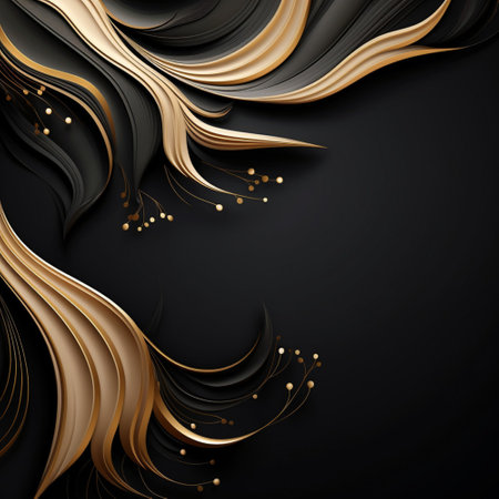 Gold black background abstract wave line for wallpaper on website. Light golden metal texture or shiny metallic gradient with Generative AI.の素材