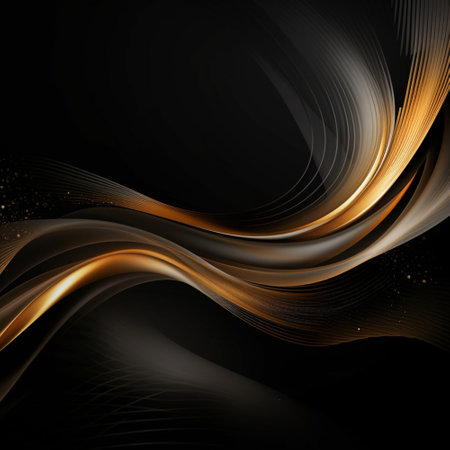 Gold black background abstract wave line for wallpaper on website. Light golden metal texture or shiny metallic gradient with Generative AI.の素材