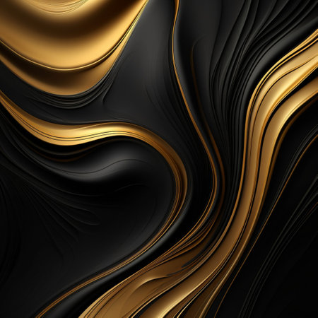 Gold black background abstract wave line for wallpaper on website. Light golden metal texture or shiny metallic gradient with Generative AI.の素材